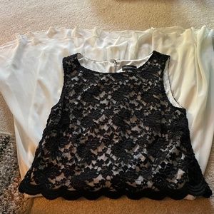 Cream Dress with Connected Black Lace Overlay